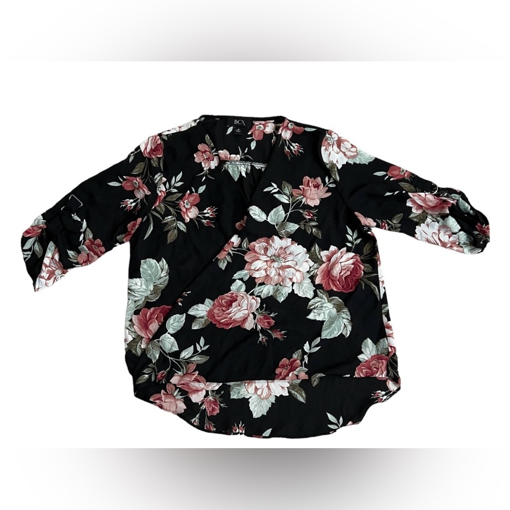 BCX Black Floral Blouse Size M. Wrap Front with Snap. Buckle on Sleeves.
